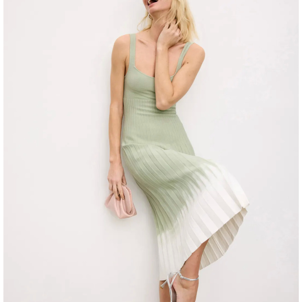STAUD Mint Green and White Ombre Ribbed Midi Dress